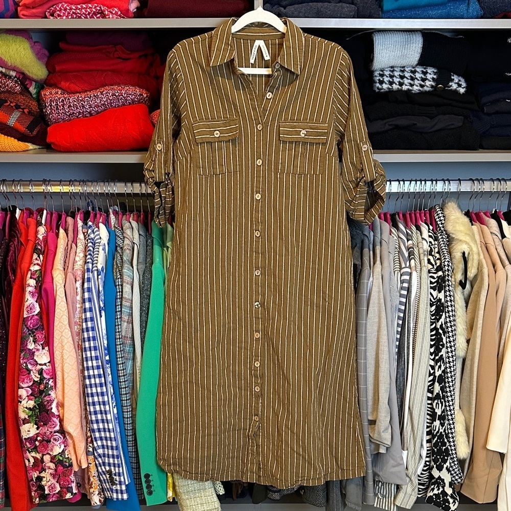 Truly 4 You olive/white striped button down roll tab sleeve midi dress size S